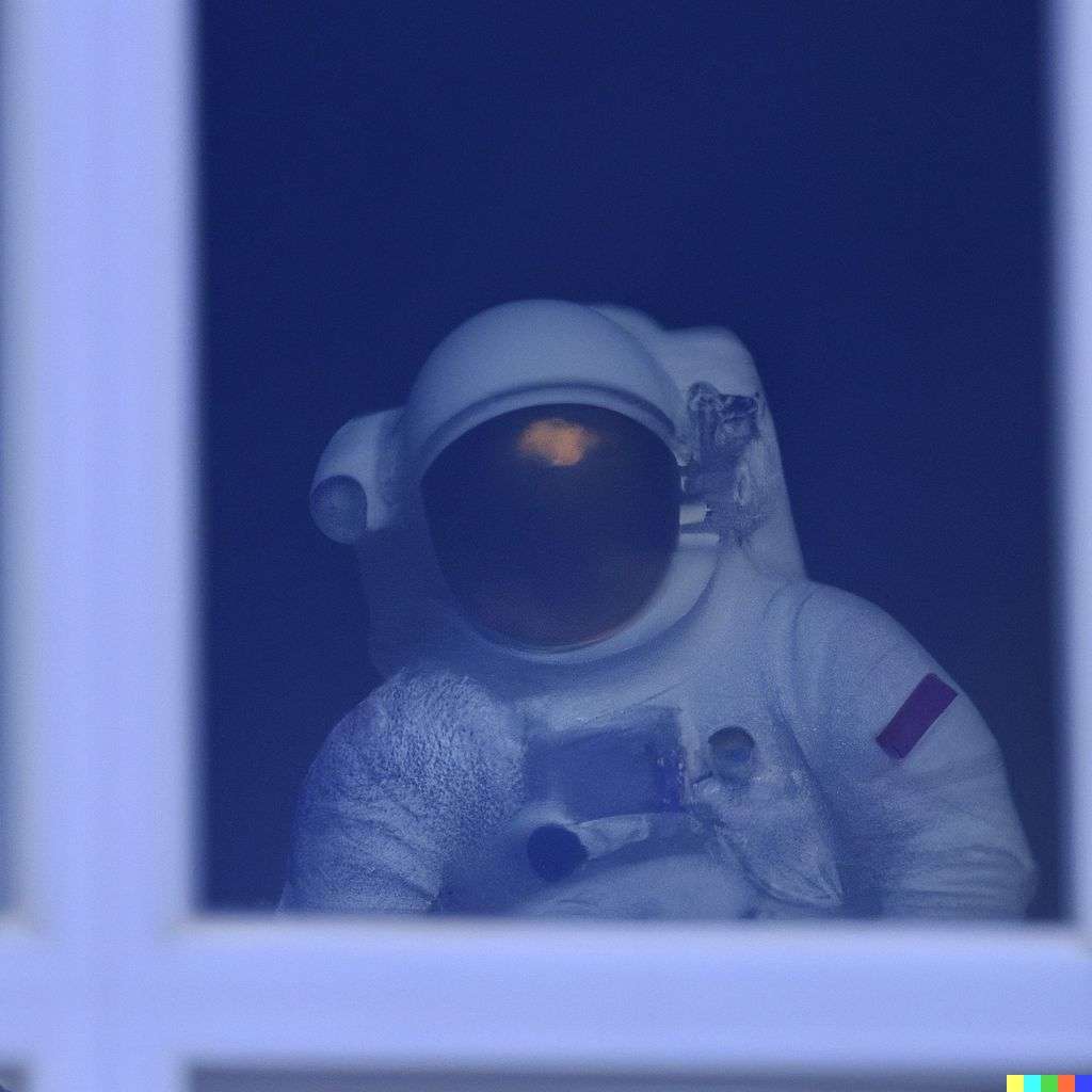 a photograph of an astronaut seen through a window